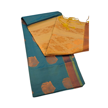 Teal Cream Semi Soft Silk Saree