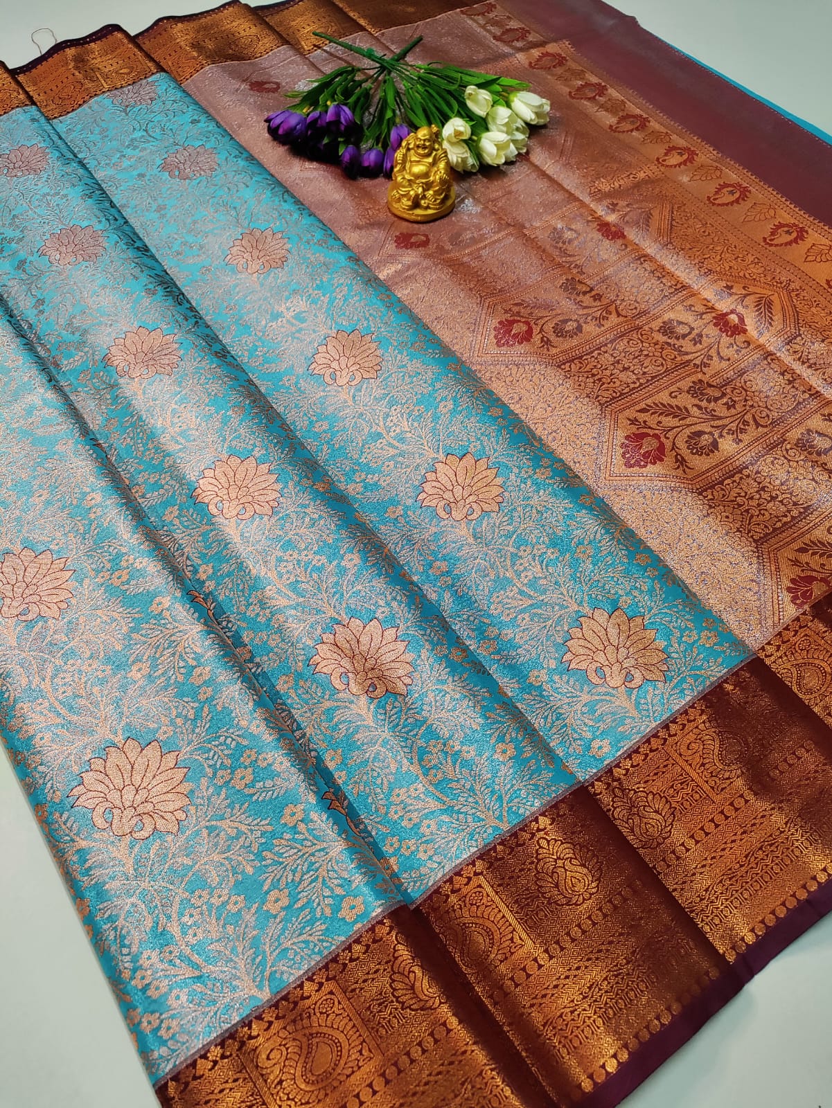 Grand Wedding Tissue Silk Saree – Blue & Copper