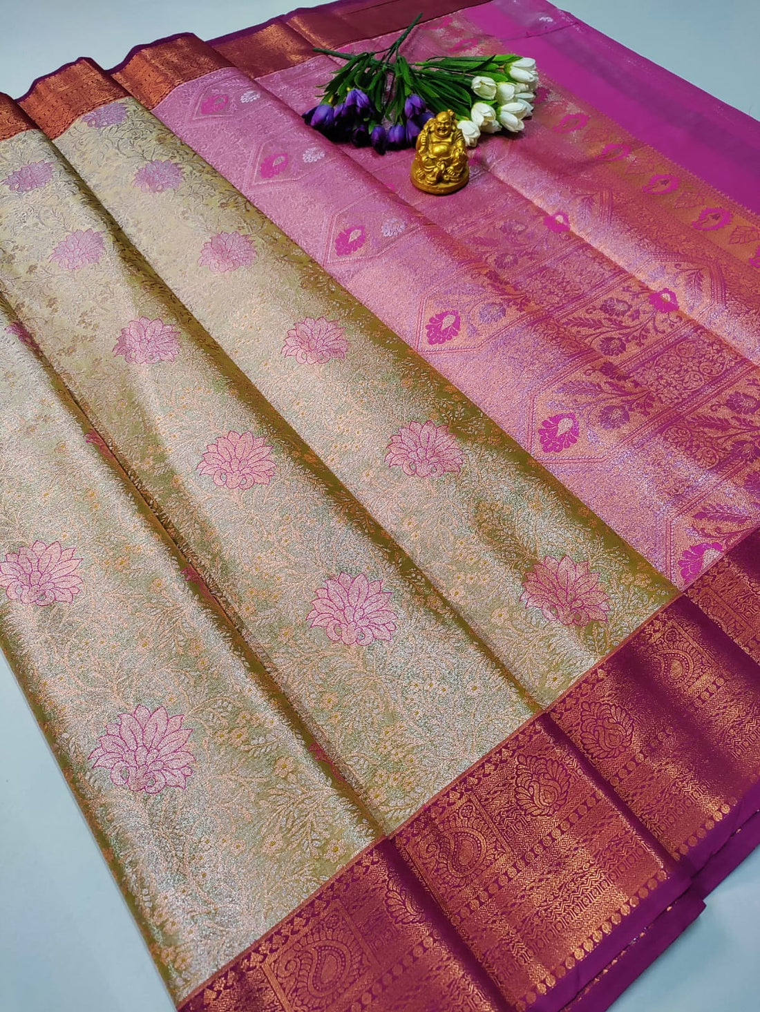 Parrot Green Blue Soft Silk Saree