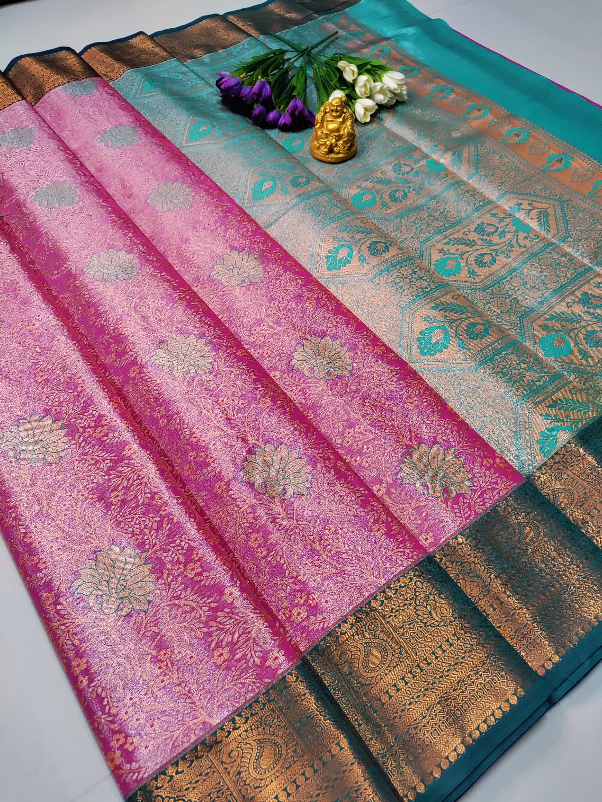 Grand Wedding Tissue Silk Saree – Pink & Teal