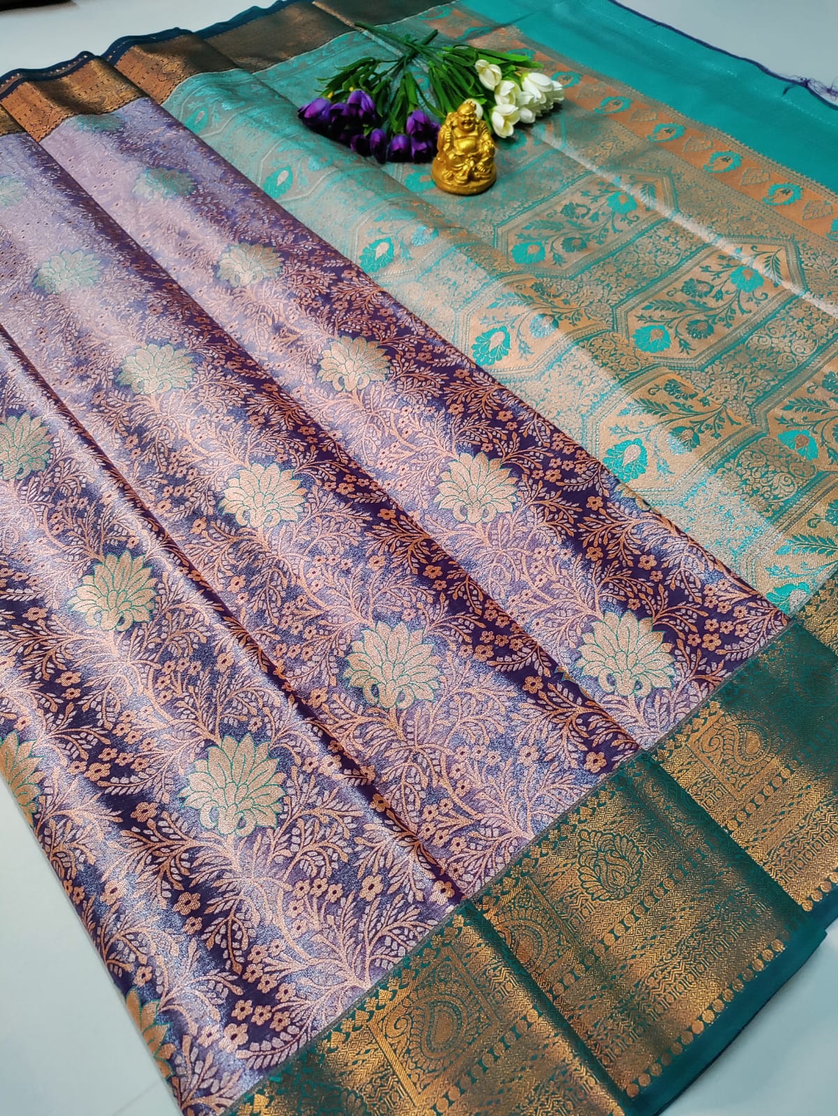 Grand Wedding Tissue Silk Saree – Purple & Teal