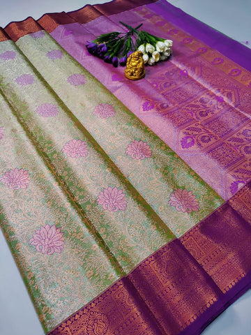 Grand Wedding Tissue Silk Saree – Green & Purple