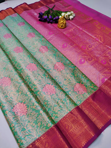 Grand Wedding Tissue Silk Saree – Green & Pink