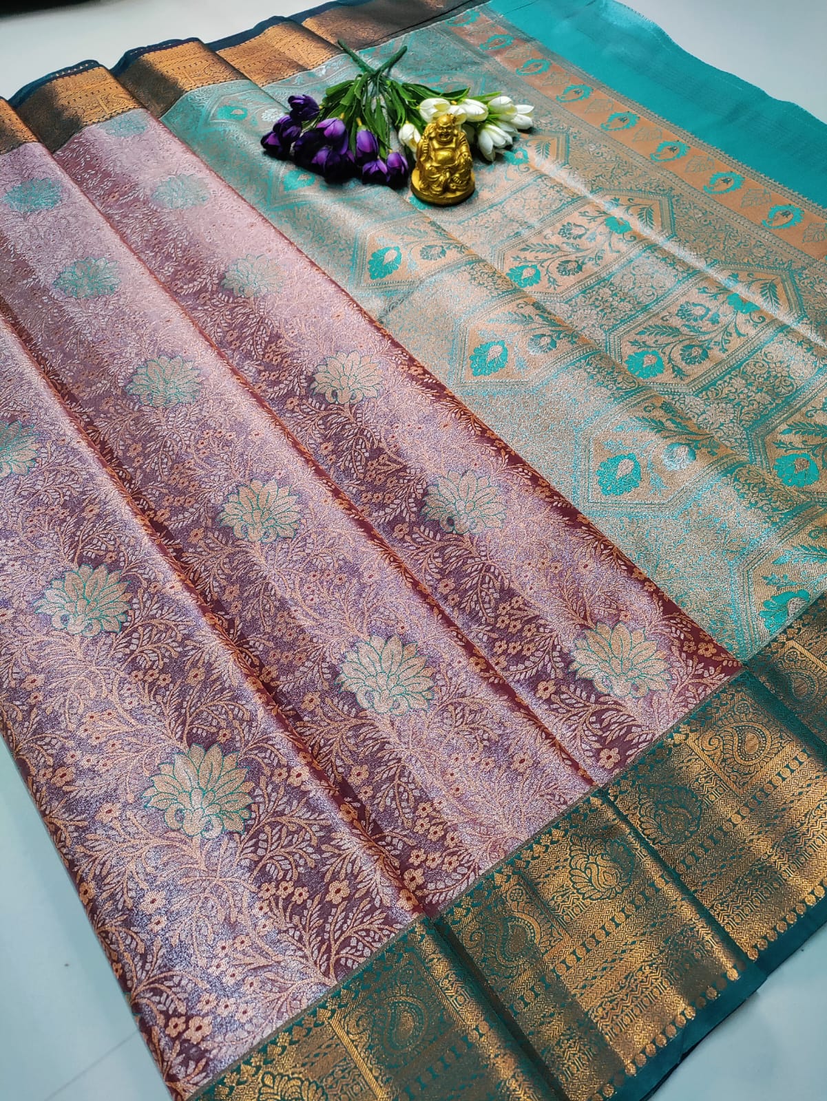 Grand Wedding Tissue Silk Saree – Mauve & Teal