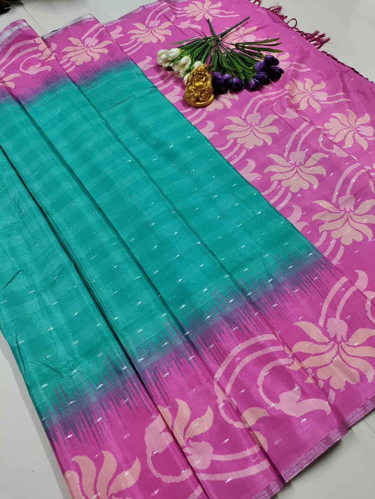Teal Green & Pink Soft Silk Saree