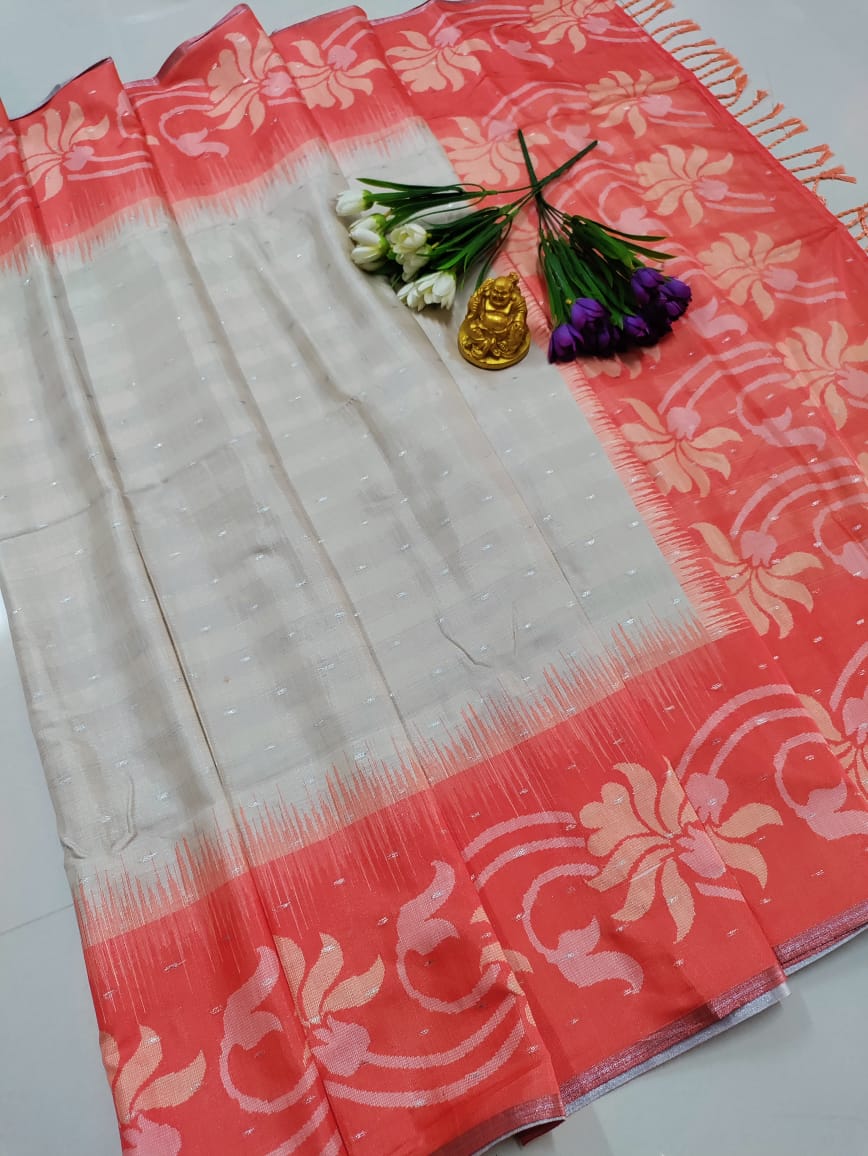 Cream Red Soft Silk Saree