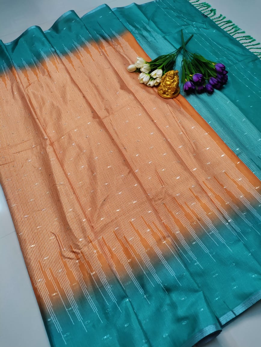 Peach Teal Soft Silk Saree