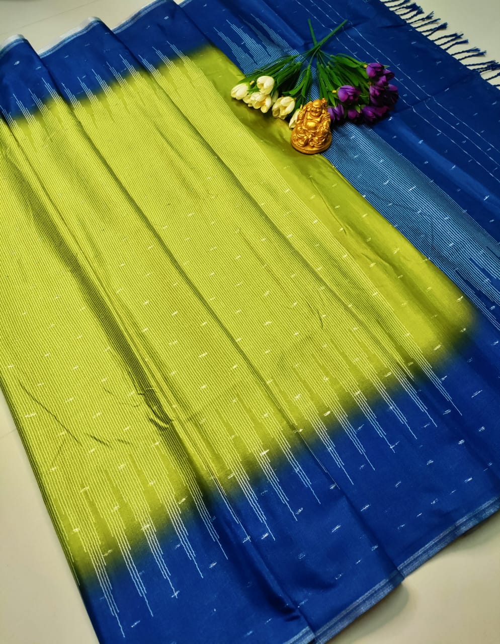 Parrot Green Blue Soft Silk Saree