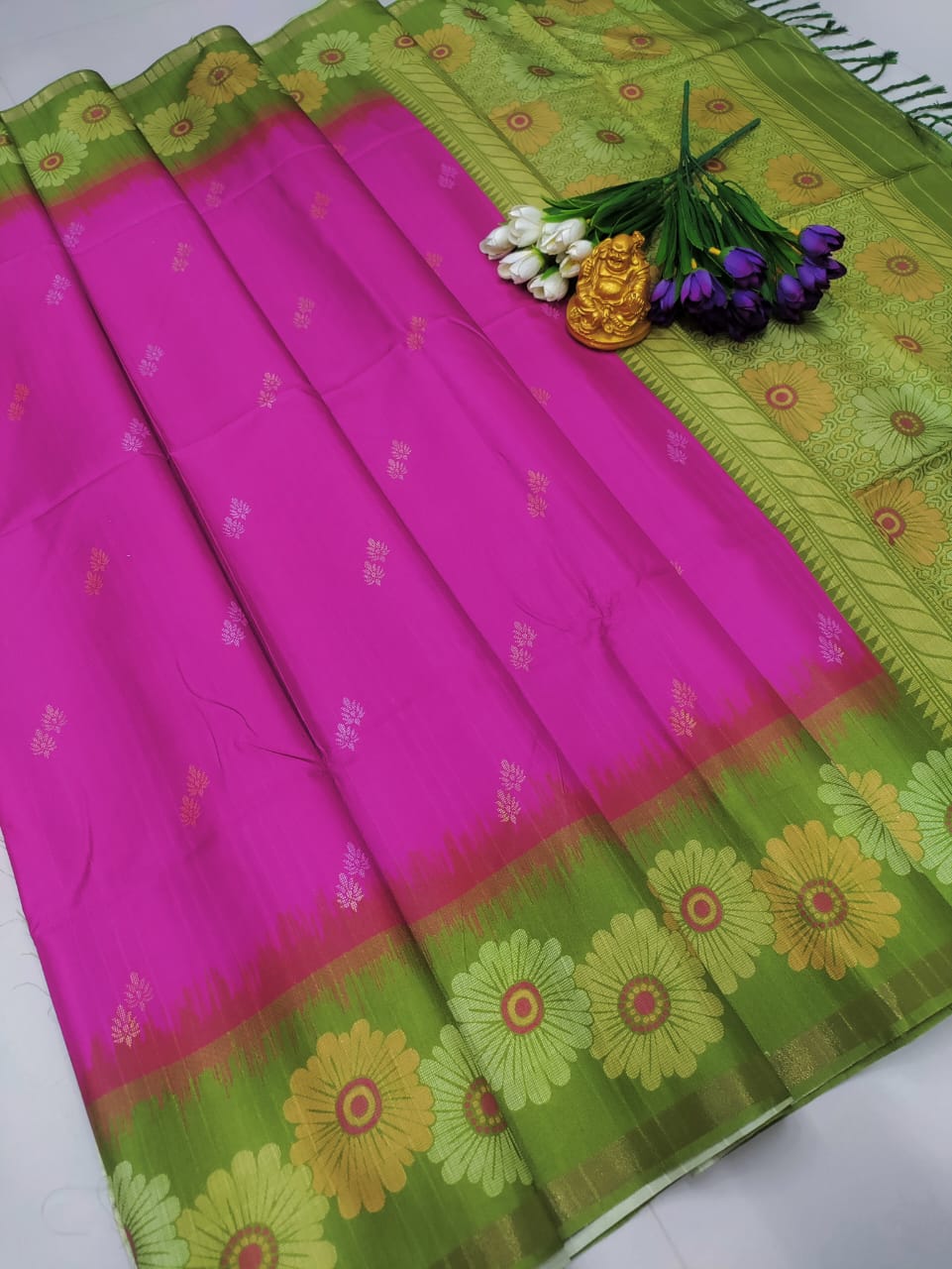 Pink Green Floral Soft Silk Saree