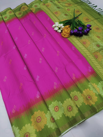 Pink Green Floral Soft Silk Saree