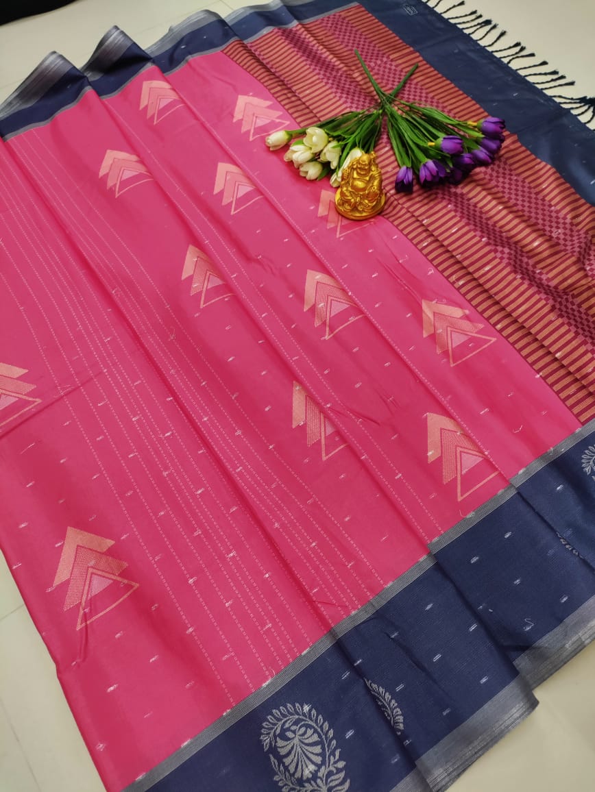 Pink &amp; Navy Cotton Soft Silk Saree